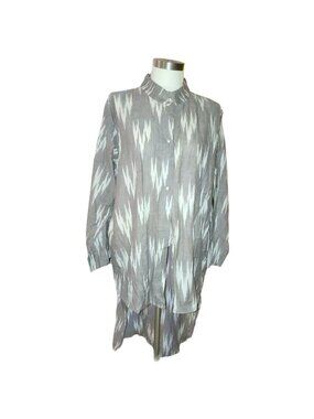Tunic Shirt Gray & White Ikat Pattern Button-Down High Low Size Large  jj3649